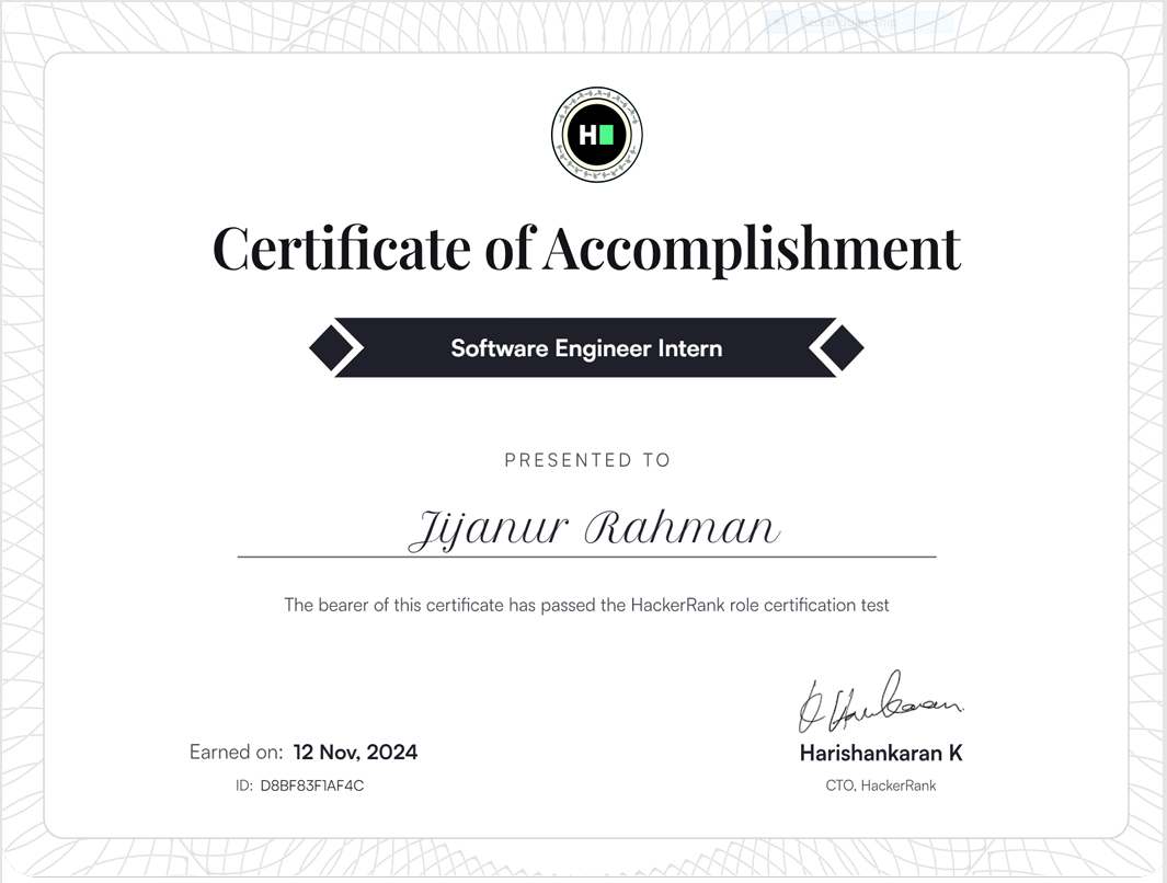 Software Engineer Intern Certificate
